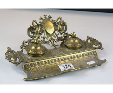 Rococo Style Cast Brass Double Inkwell Standish, 29cms long