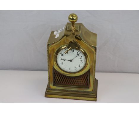 Continental Brass cased Mantle Clock with pierced Grille, Enamel dial &amp; ball carry handle, measures approx 26 x 16 x 120c
