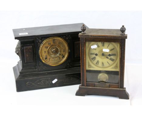 Victorian Slate Mantle Clock of Architectural Form together with Early 20th century German H.A.C Mantle Clock, 33cms high