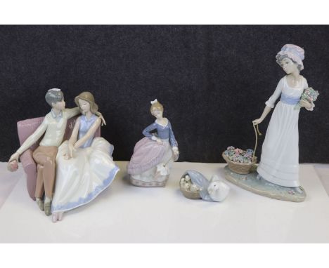 Boxed Lladro Figurine with Parasol no. 5.212 together with a Lladro Figure Group of Couple sat on a Sofa, Lladro Flower Girl 