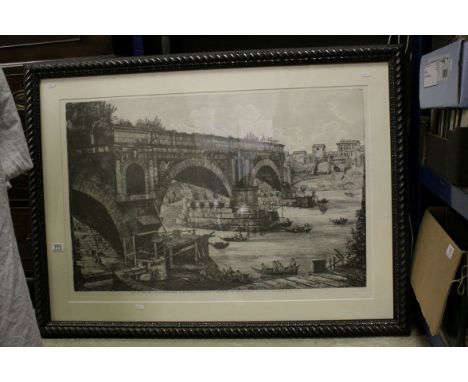 Large Framed and Glazed Print of the 19th century Rossini Engraving of Veduta del Ponte Rotto (the Broken Bridge), with galle