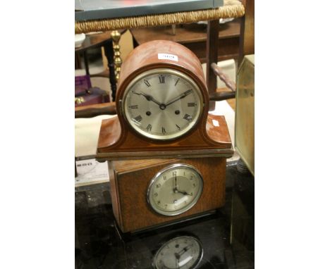 Early 20th century Mahogany Inlaid Domed Cased Mantle Clock with Silvered Dial , 23cms high together with an Oak Cased Mantle