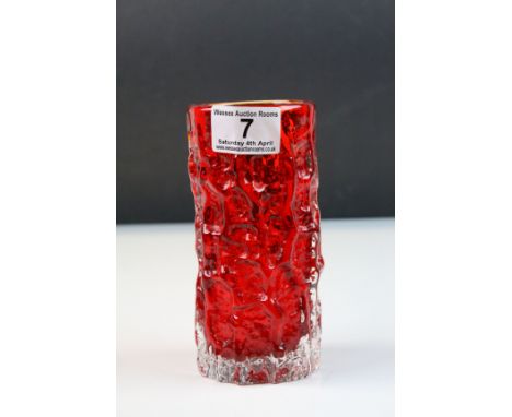 Whitefriars Ruby Red Textured Bark Cylindrical Whitefriars Vase, 15cms high