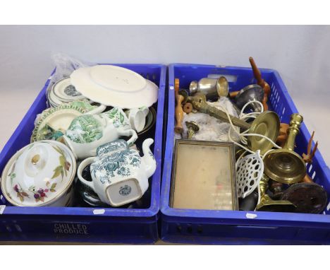 Three Trays of Mixed Ceramics, Metalware and Wooden Items including Beswick Hereford Bull (a/f), Mdina Glass Ashtray, Royal W