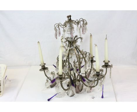 Gilt Metal Six Branch Candle  Chandelier with Crystal Glass Drops, approx. 50cms diameter x 47cms high