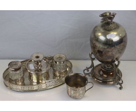 George III Old Sheffield Plate Inkstand, Silver Plated Egg Coddler with Bird and Nest Finial plus a Christening Cup possibly 