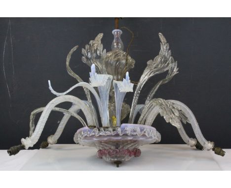 Late 19th / Early 20th century Glass Ceiling Light Fitting comprising Six Twisted Vaseline Glass Branches and Thirteen Scroll