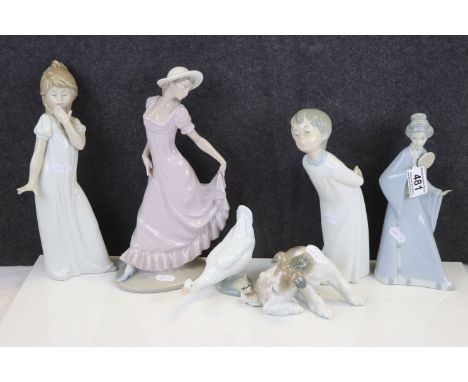 Lladro Dog with Butterfly on Tail together with Two Nao Figurines (tallest 30cms high) and a Goose plus Two Further Spanish C