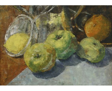 *Rita Greig (1920-2011)STILL LIFE WITH APPLES, AN ORANGE AND A LEMONSigned l.r., oil on board26 x 36cmBorn in Norwich, Greig 