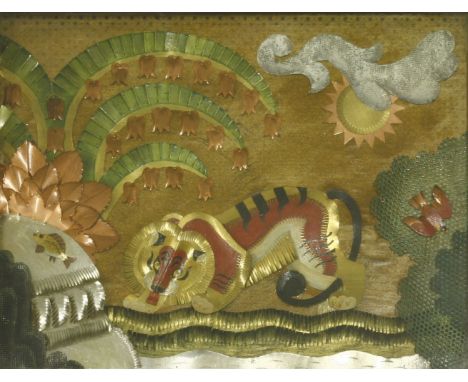 *Kathleen Hale (1898-2000)PLAYFUL TIGERCollage, mixed media including gouache, tin gauze, gold foil, silver foil etc., inscri