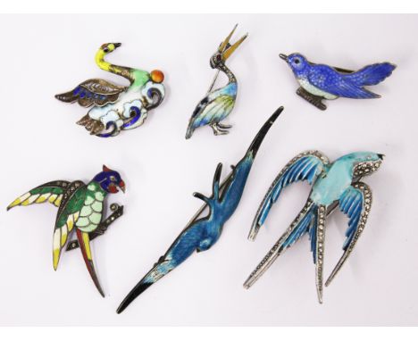 A group of six vintage enamel bird brooches three of which silver