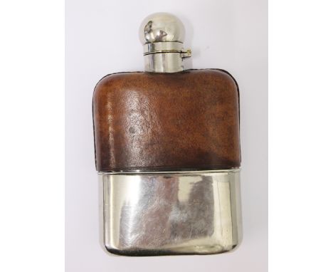 A leather and silver plated hip flask