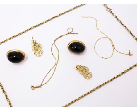 A mixed lot comprising two 14K gold bracelets, a 14k gold chain, two pairs of 14k gold earrings. Gross wt. 25.2g