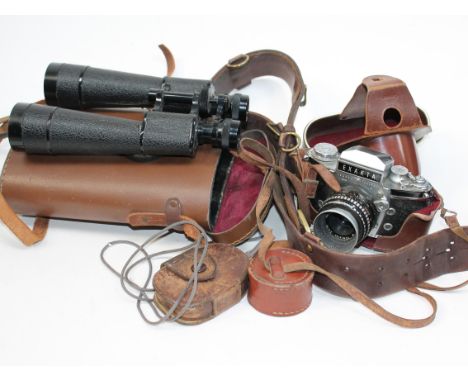A pair of Lieberman & Gortz binoculars together with an Exakta camera etc.
