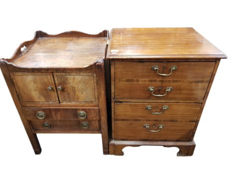 GEORGIAN MAHOGANY BESIDE COMMODE WITH BRACKET FEET AND BRASS DROP HANDLES AND GEORGIAN MAHOGANY TRAY TOP BEDSIDE CUPBOARD WIT