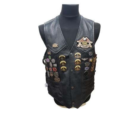 LEATHER MOTORCYCLE WAISTCOAT WITH QUANTITY OF HARLEY DAVIDSON BADGES 