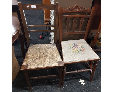 SMALL OAK CHAIR WITH RUSH SEAT &amp; EDWARDIAN MAHOGANY SINGLE CHAIR WITH TAPESTRY SEAT 