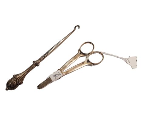 ORNATE GRAPE SCISSORS &amp; SILVER HANDLED BUTTON HOOK 