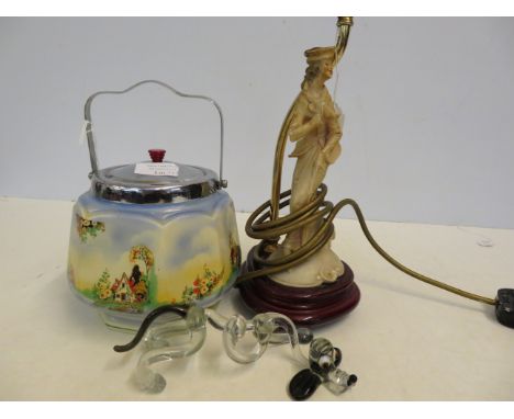 1930's biscuit barrels resin lamp together with murano dog 