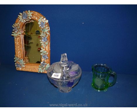 A green glass 1935 Silver Jubilee mug and a glass bonbon dish with purple tulip decoration, together with a floral pottery mi