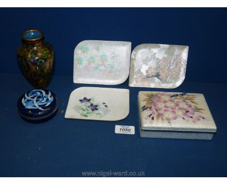 A quantity of Cloisonne including  white and cherry blossom jewellery box, three metal trays, trinket box and enamelled vase.