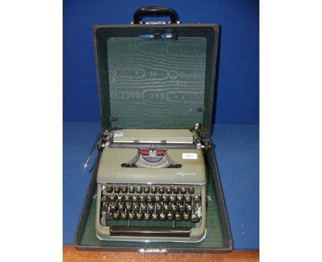 An olive green Olympia typewriter, in black case, a/f.