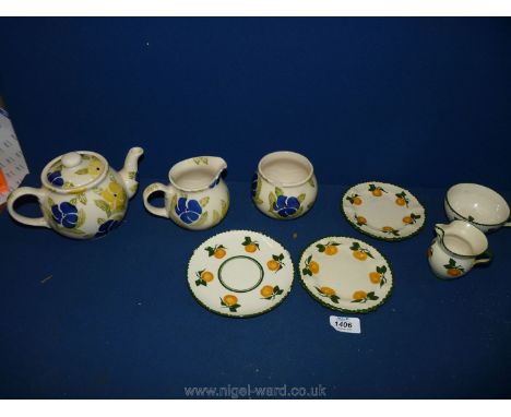 A small quantity of china including Westfield's Art pottery sponge ware teapot, jug and sugar bowl, (bowl a/f).