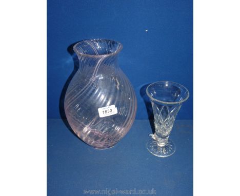 A large Caithness fluted glass vase with shades of pink 11 1/2'' tall plus a Thomas Webb crystal trumpet shaped vase with lat