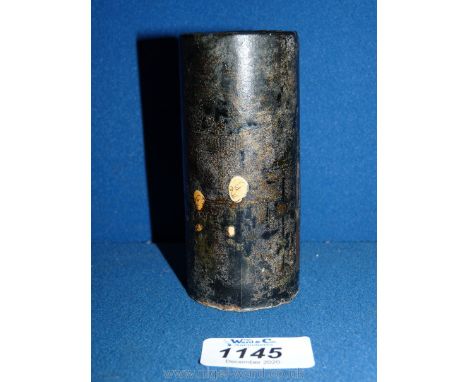 A small Chinese lacquer Brush Pot with monkish figures in an architectural scene, 4 1/4'' tall, a/f.