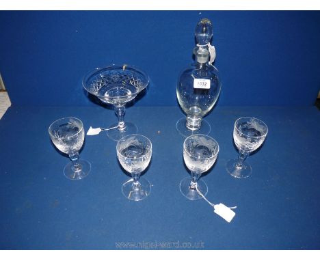 Four "Royal Brierley" Port or wine glasses engraved with vines, a "Villeroy &amp; Boch" round decanter with step and knop foo