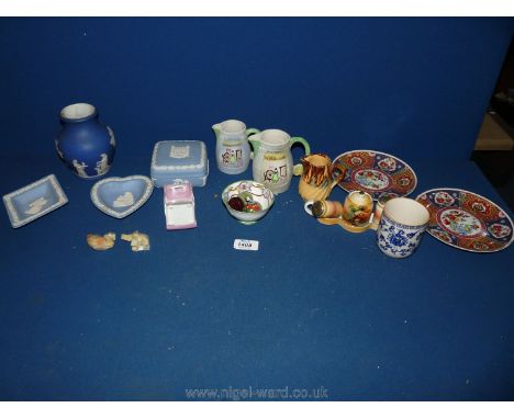 A Chikaramachi condiment set, tea bowl, three jugs, jade eggs, German porcelain trinket/coal bucket etc.