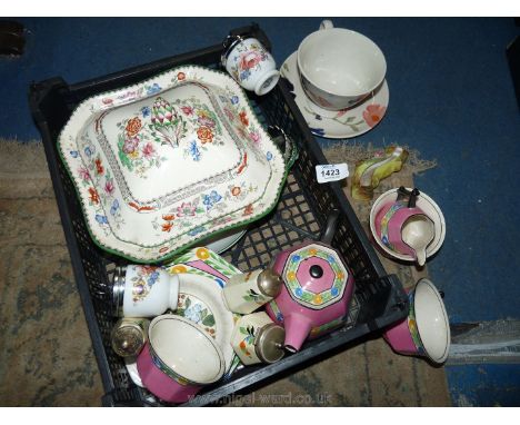 A Regal ware Art Deco teapot, sugar bowl, milk jug, two cups, saucer and plate, Copeland tureen and lid, Royal Worcester egg 