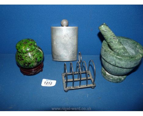 A Pestle and mortar in marble, small epns toast rack, golfing hip Flask having golf ball lid and a cloisonne lidded pot.