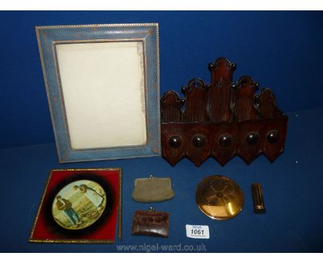 A small quantity of miscellanea including unusual Arts and Crafts style pipe rack, small watercolour attached behind glass, a