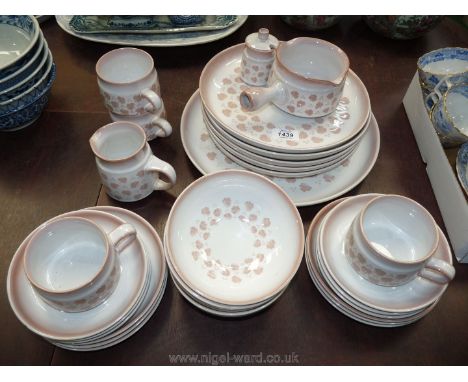 A part Denby 'Falling Leaves' pattern dinner and tea service, dinner, side  and meat plate, cup, saucers etc.