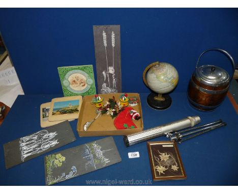 A quantity of miscellanea to include a small globe, Prinz Astral 90 8 x 27 telescope, biscuit barrel, slate pictures, 1911 Co