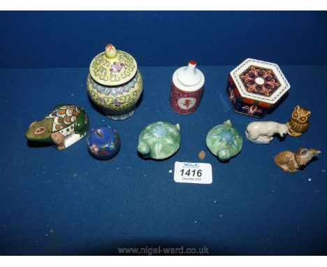 Three Wade figures, a Cloisonne apple shaped pot, Crown Derby trinket pot and some Chinese items.