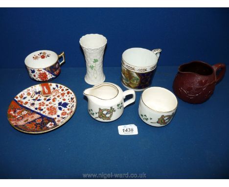 A Belleek basket weave vase with Shamrock pattern, 4 1/2'' tall, Cork Carrigaline jug and basin in shamrock Celtic design, 18