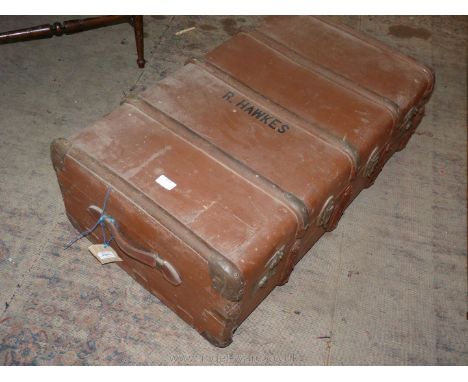 A bentwood strapped canvas covered Motor Trunk, 34'' x 20 1/2'' x 12 1/2'' high.