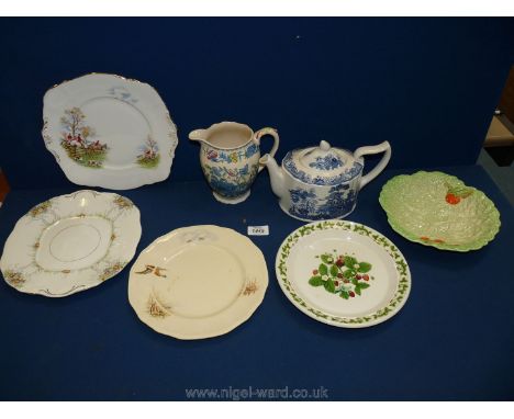 A Mason's Patent Ironstone china Regency jug and Willow teapot, an Alfred Meakin England "Wildfowl" dinner plate, Salisbury E