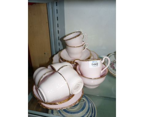 A pink with gilt rim twenty-one piece Royal Vale bone china part Teaset to include six cups, saucers and tea plates, a cake p