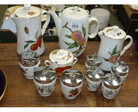 A quantity of Royal Worcester consisting of three large and four small egg coddlers, Evesham coffee pot, milk jug etc.