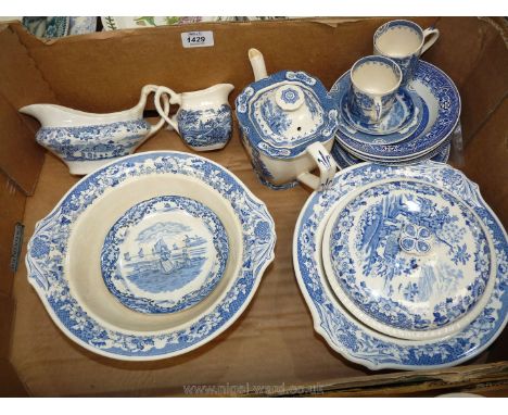 A quantity of blue and white china including two tureens, one lacking lid by Beaforth, Wedgwood saucers, Old Willow pattern p