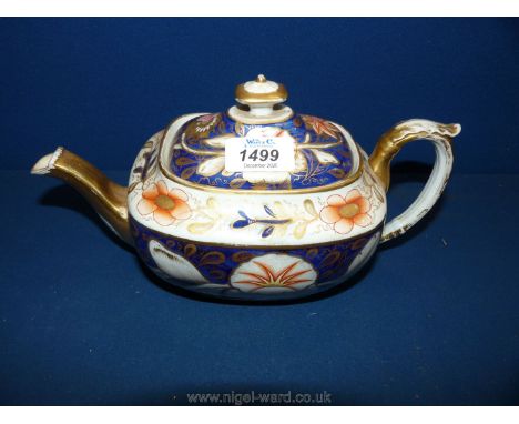 A Crown Derby Imari style Teapot in dark blue and peach with gilt decoration, (some hairline cracks to lid and base), 6 1/4" 