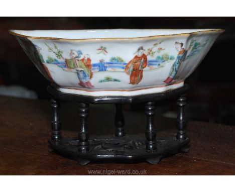 A 19th c. Chinese famille rose bat shaped Bowl, decorated with figures to the front and red bats to the rear, with red Tongsh