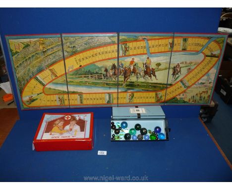 A Chad Valley game board for a horse racing game, toy doctors bag and small quantity of old marbles.