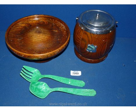 A 20th c. pedestal Oak fruit bowl 9'' diameter, an oak and chrome biscuit barrel with ceramic liner, 6'' tall and a pair of A