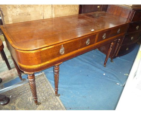 A most unusual Mahogany, light and dark wood banded/strung Sideboard/Buffet Table standing on six turned and spiral decorated