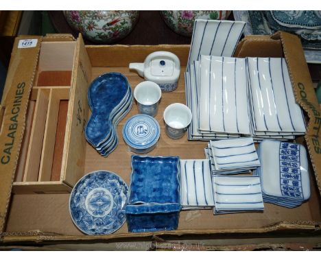 A quantity of Chinese/sushi dishes, various sizes, gourd shaped dishes, miniature saki teapot, cups etc.