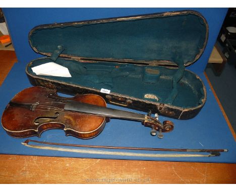 An unmarked Violin / Viola, body 15 1/4" long, total length 26", in need of restoration, with bow and case, a/f,